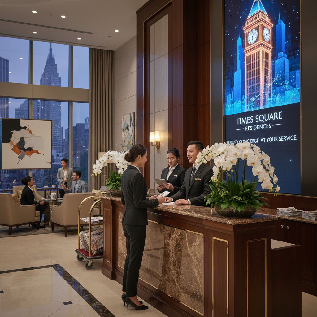 Hotel front desk with professional staff assisting guests