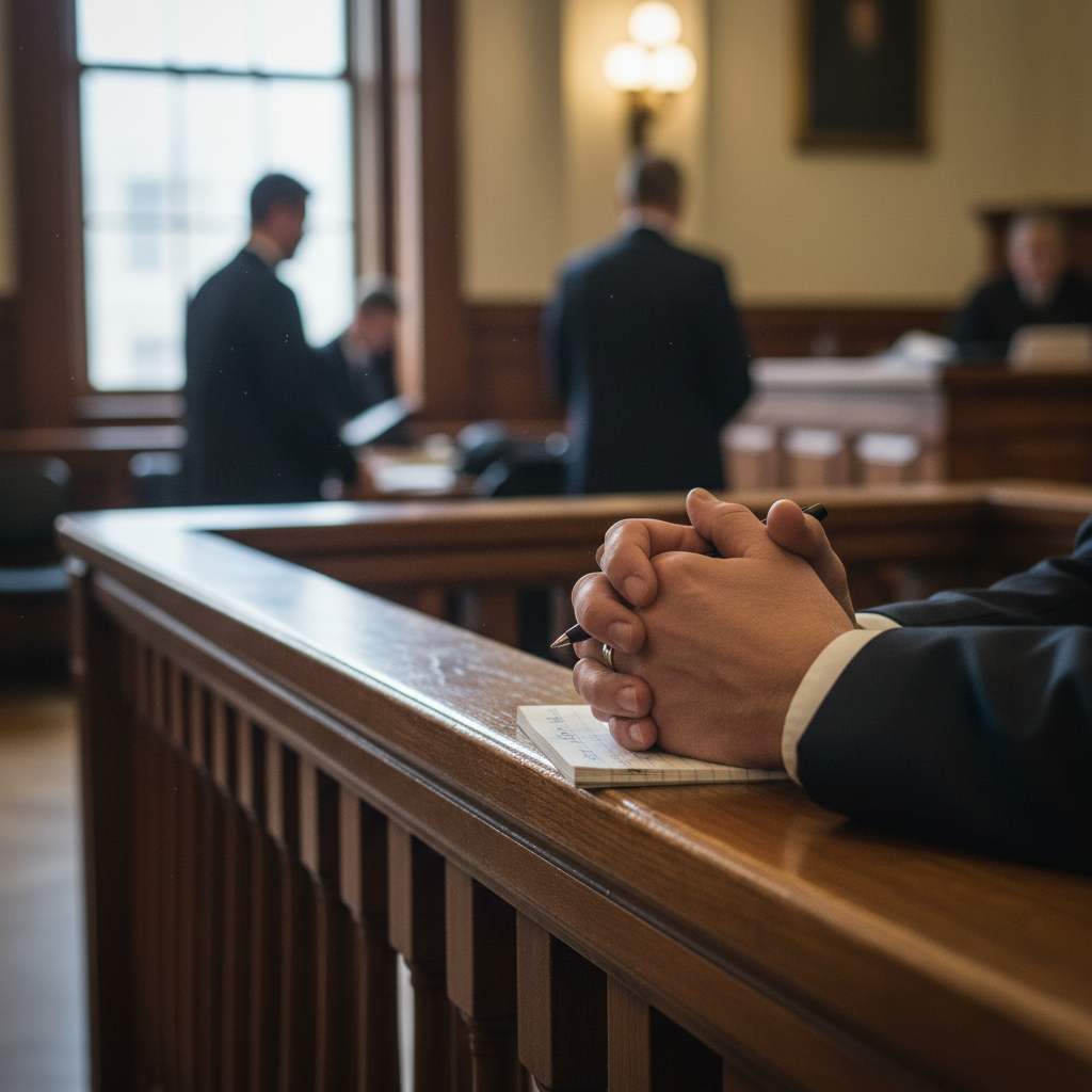 Reporter's hands on a courthouse railing during a legal proceeding