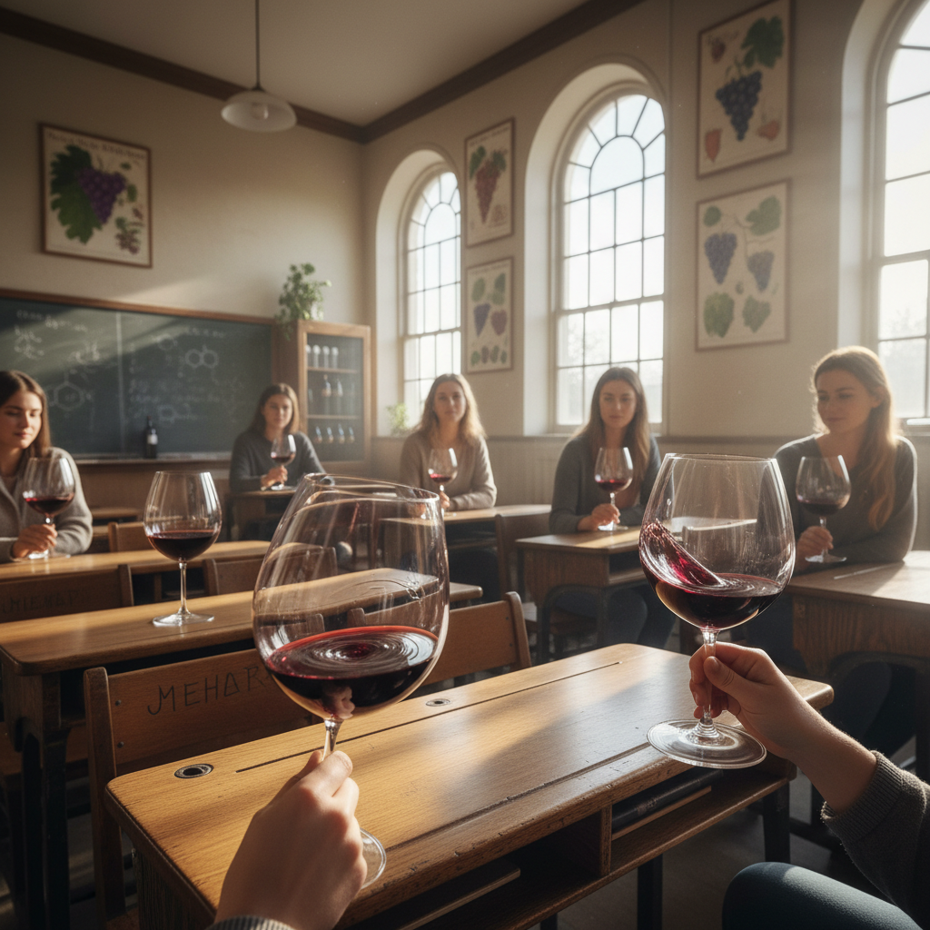 Wine students swirling glasses in a schoolhouse classroom