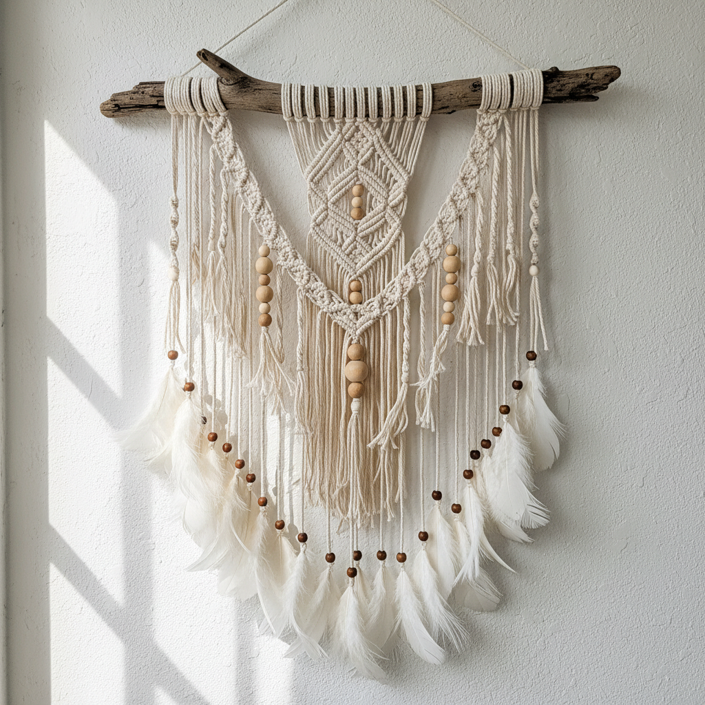 Large bohemian wall hanging with natural cotton cord, wooden beads, and feather fringe against white plaster wall