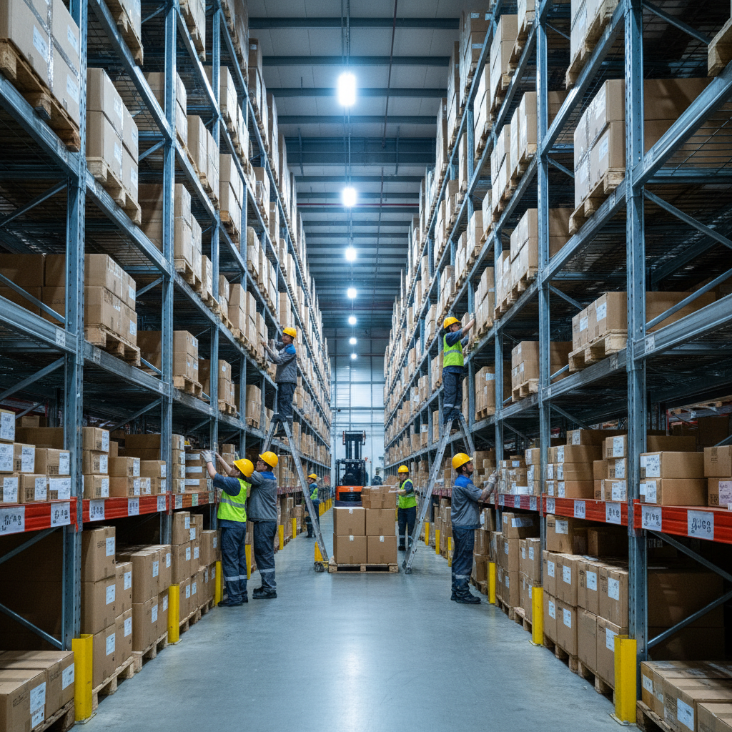 Organized warehouse logistics operation with workers and forklifts in a large distribution center, dim industrial lighting with deep shadows