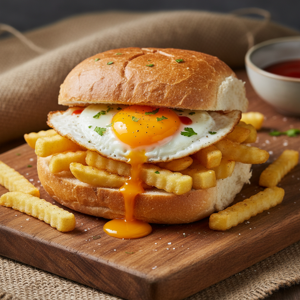 Basic kota sandwich with chips and egg on dark wooden board