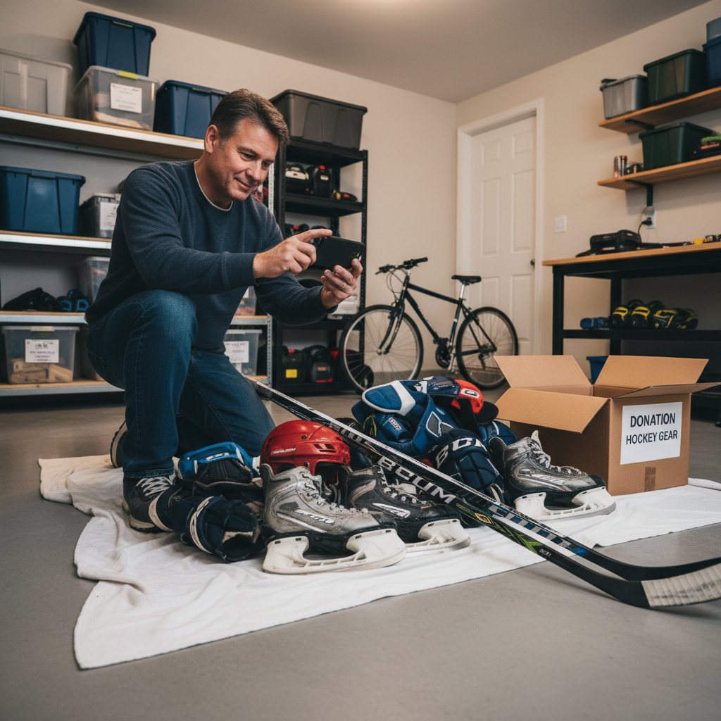 Parent québécois photographiant son équipement de hockey pour le donner