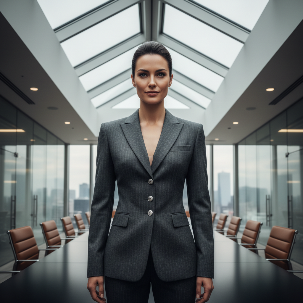 Powerful woman in black elegant outfit, dramatic red and violet cinematic lighting, cold confident expression