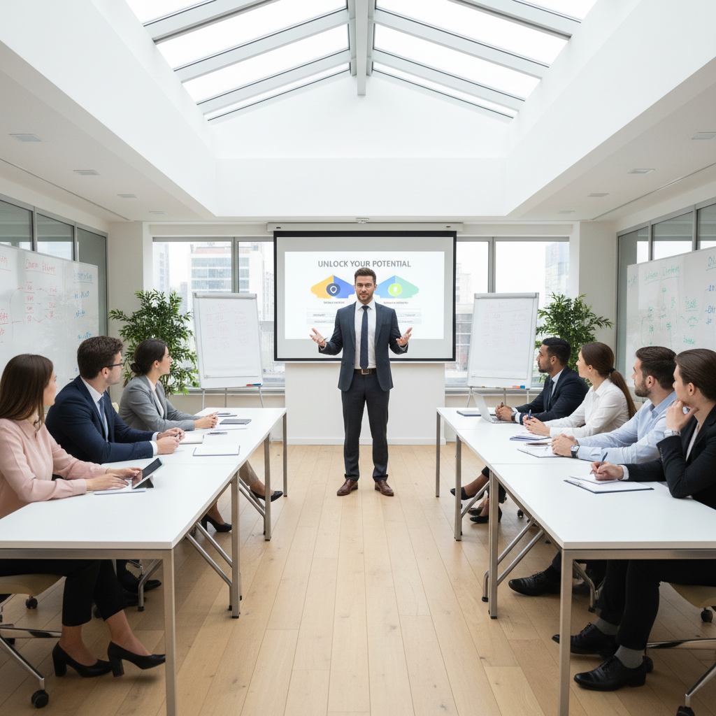 Professional trainer conducting personality development workshop with young professionals in corporate setting