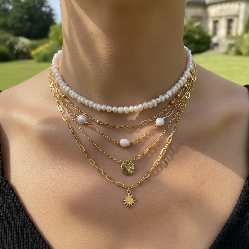 Layered pearl and gold chain necklaces on collarbone, outdoor summer light