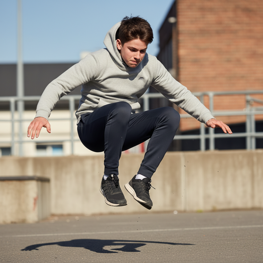 Teen boy attempting a combination jump sequence with stumble on second jump