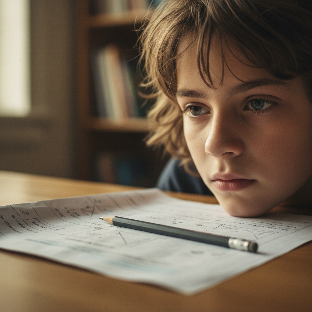 Student staring blankly at a static paper worksheet with pencil resting unused