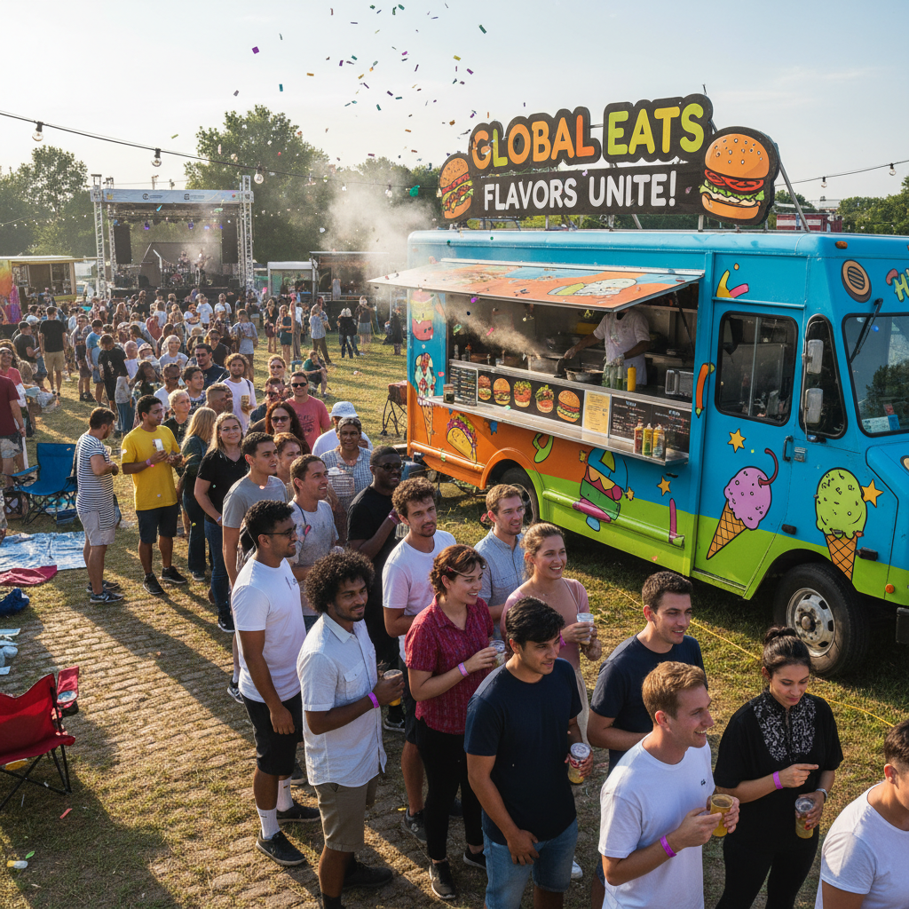 Jurta food truck serving a large outdoor festival crowd with people lined up at the service window