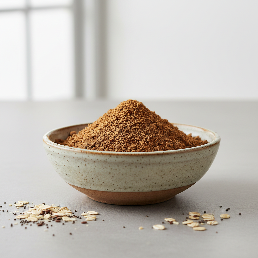 Tigernut flour and arrowroot powder in small ceramic bowls on a wooden surface