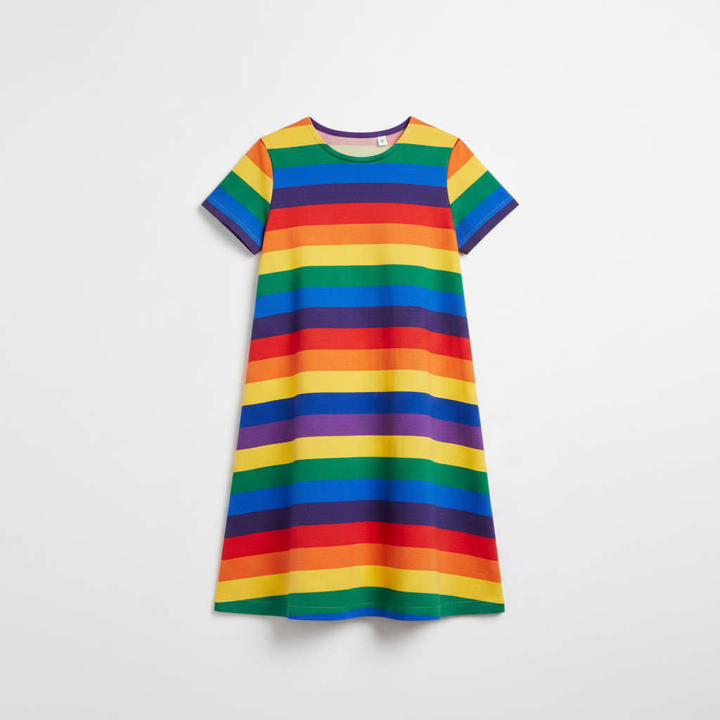Colorful children's sundress with rainbow stripe pattern laid flat on white surface