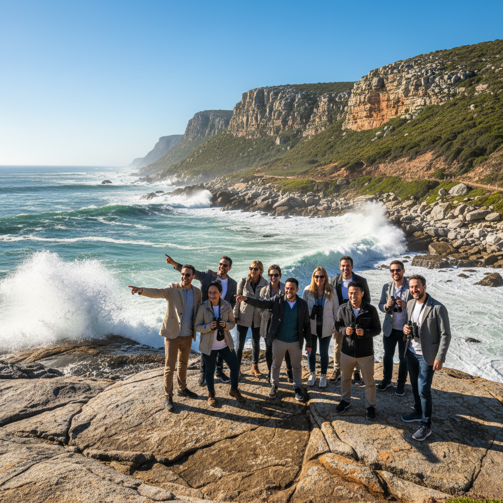 Corporate team on a scenic coastal excursion in South Africa