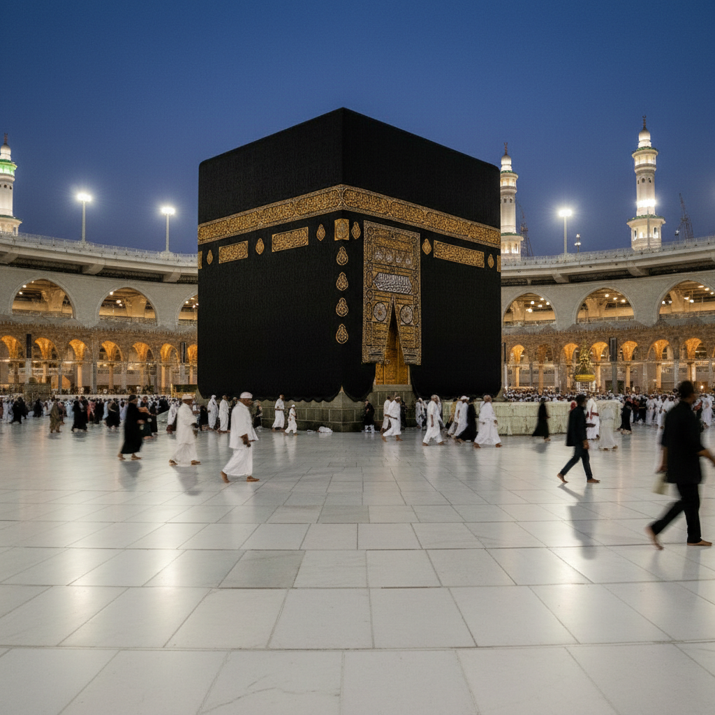 Black cubic Kaaba structure at Masjid al-Haram, dramatic dark architectural photography, deep shadows, golden ambient lighting from surrounding mosque