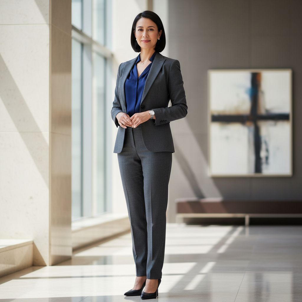 Business professional woman in formal clothing, modern office setting, friendly and professional