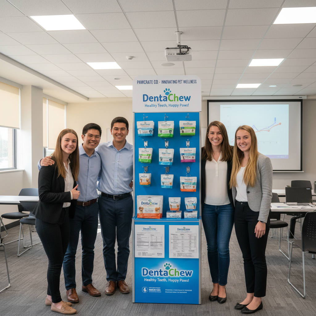 PawCrate Co. founding team of five marketing students from National University standing together, smiling in a presentation room with a DentaChew product display behind them