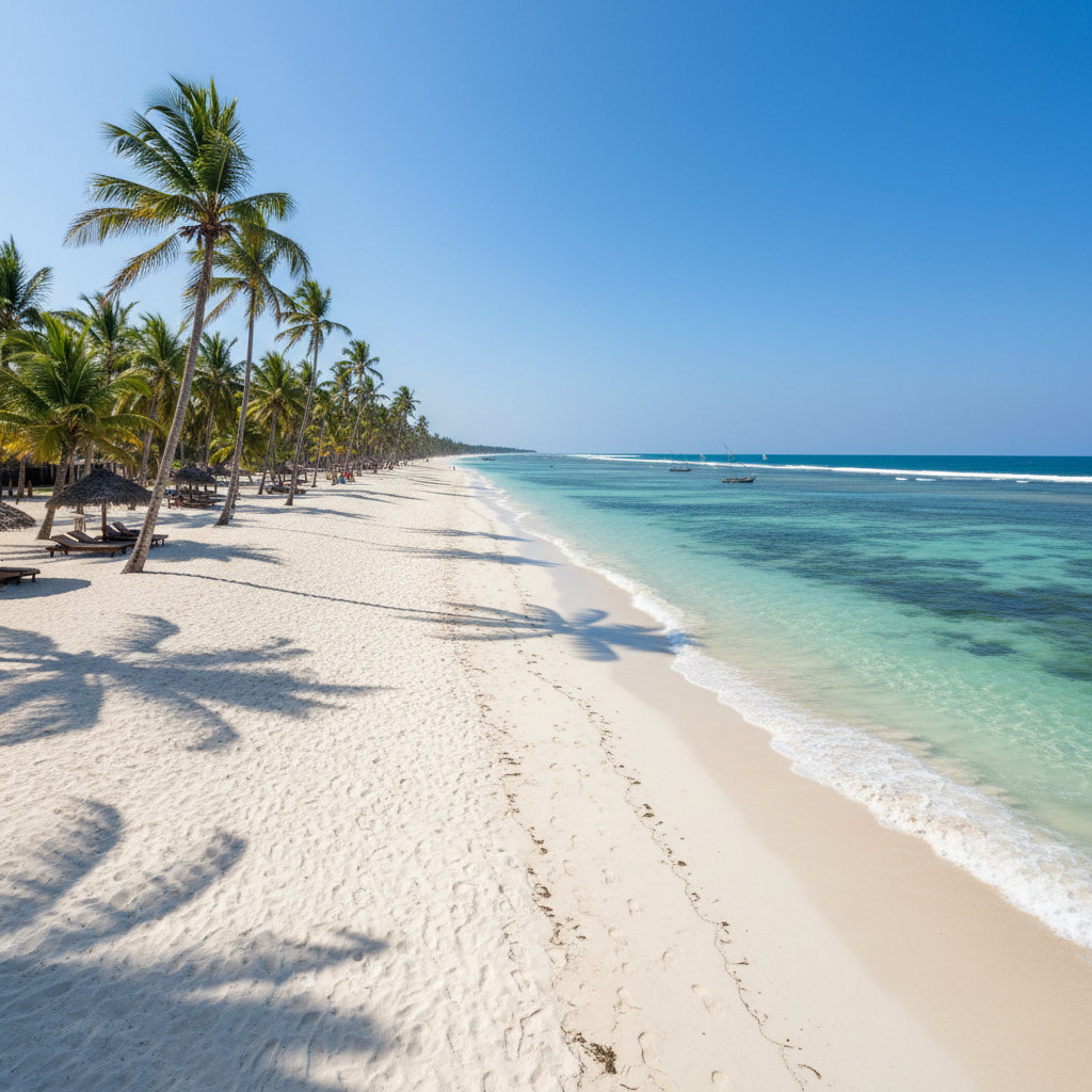 Mirissa Beach Sri Lanka, turquoise ocean waves, white sandy beach, coconut palms leaning over water, bright tropical day