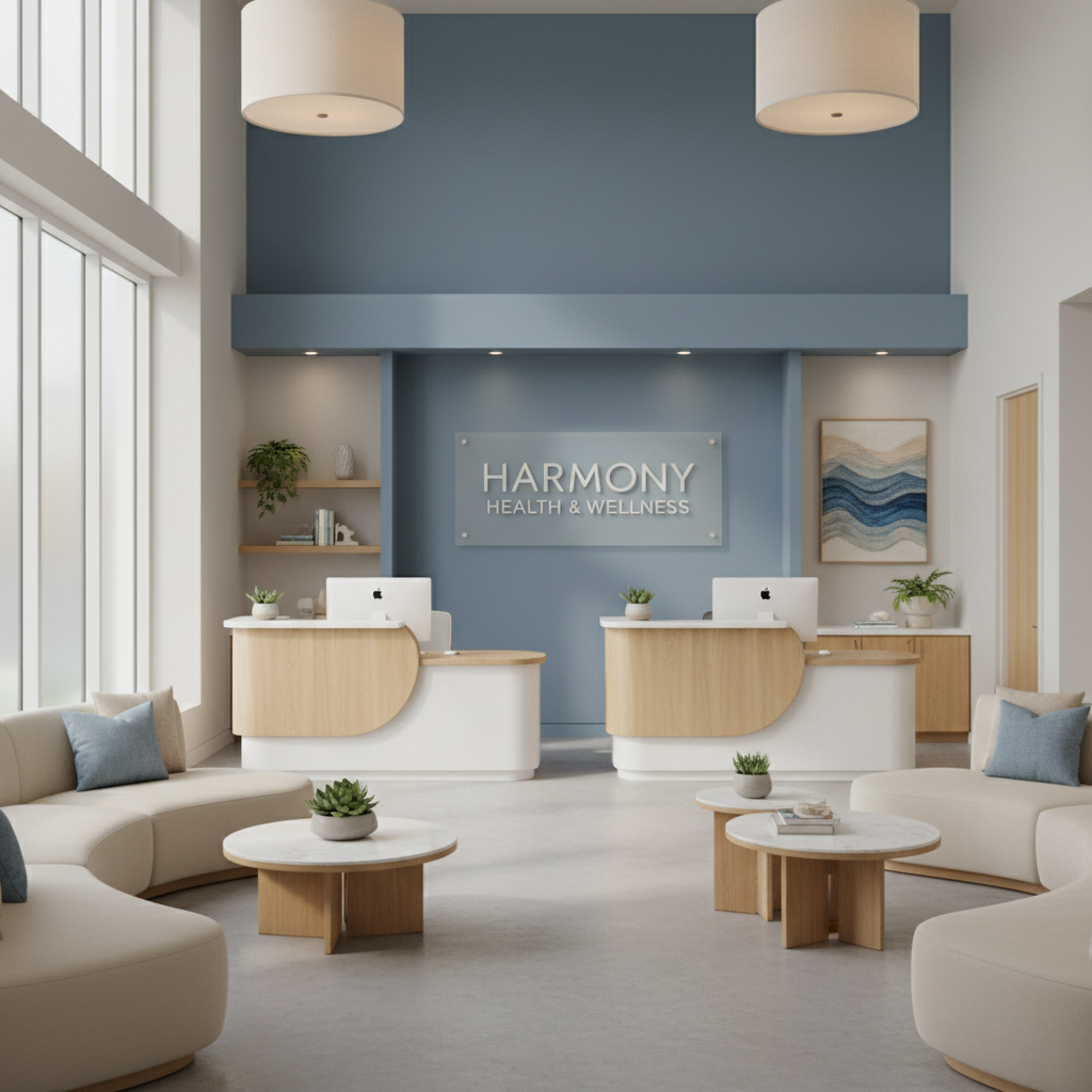 Staged medical office reception area with calming palette, clean lines, and professional furnishings