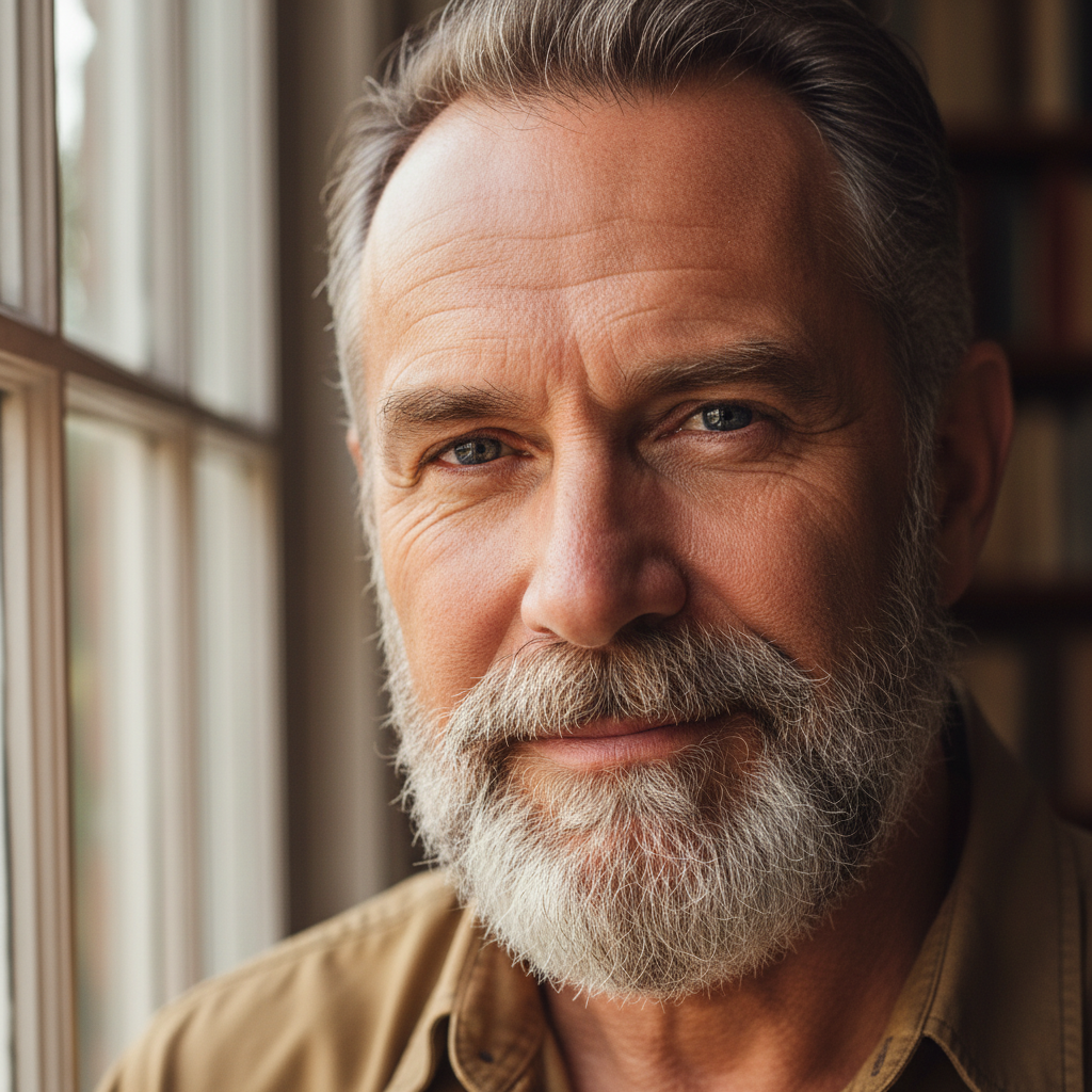 Professional portrait of man, confident expression, clean background, natural side lighting