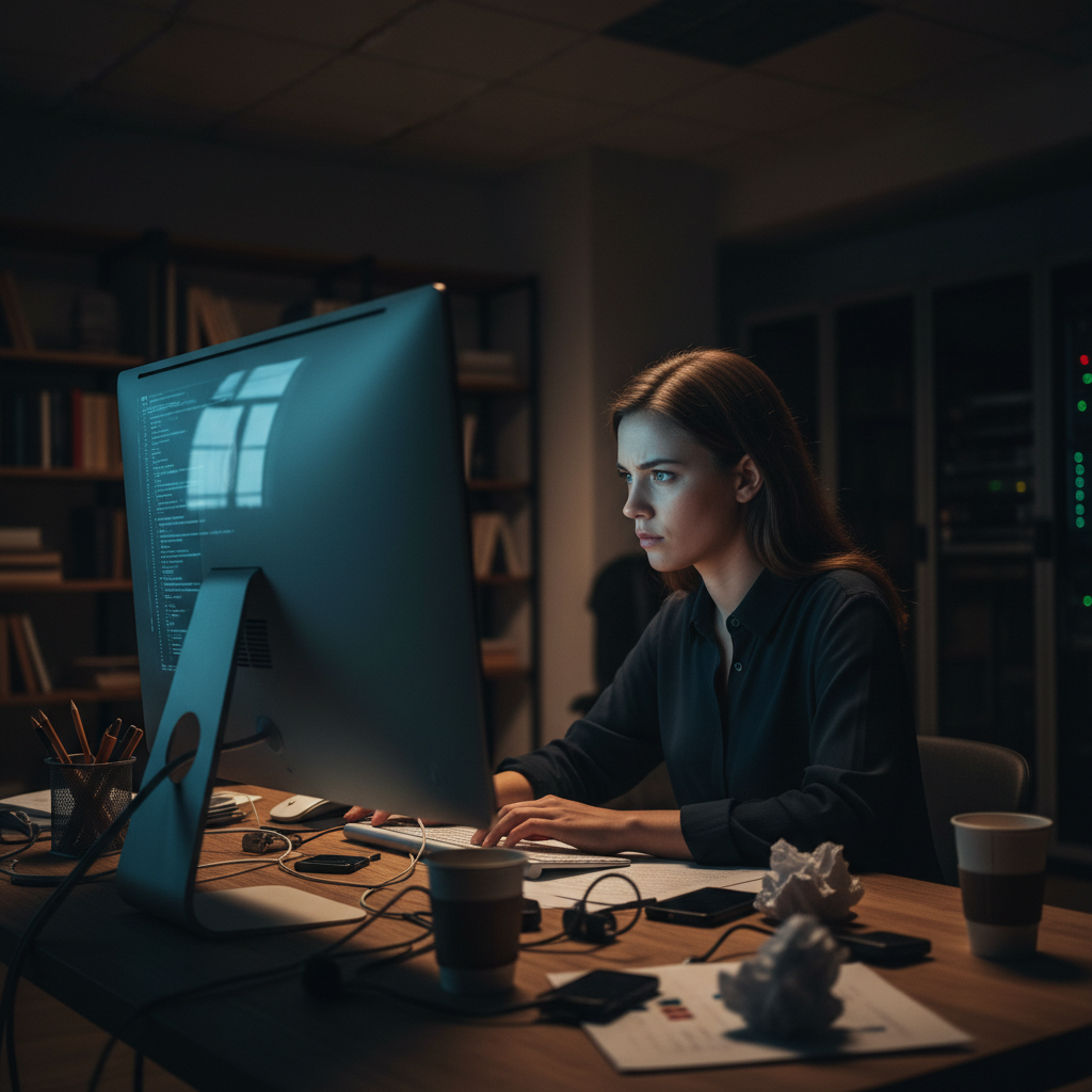 Founder working late on laptop in coworking space with city lights behind