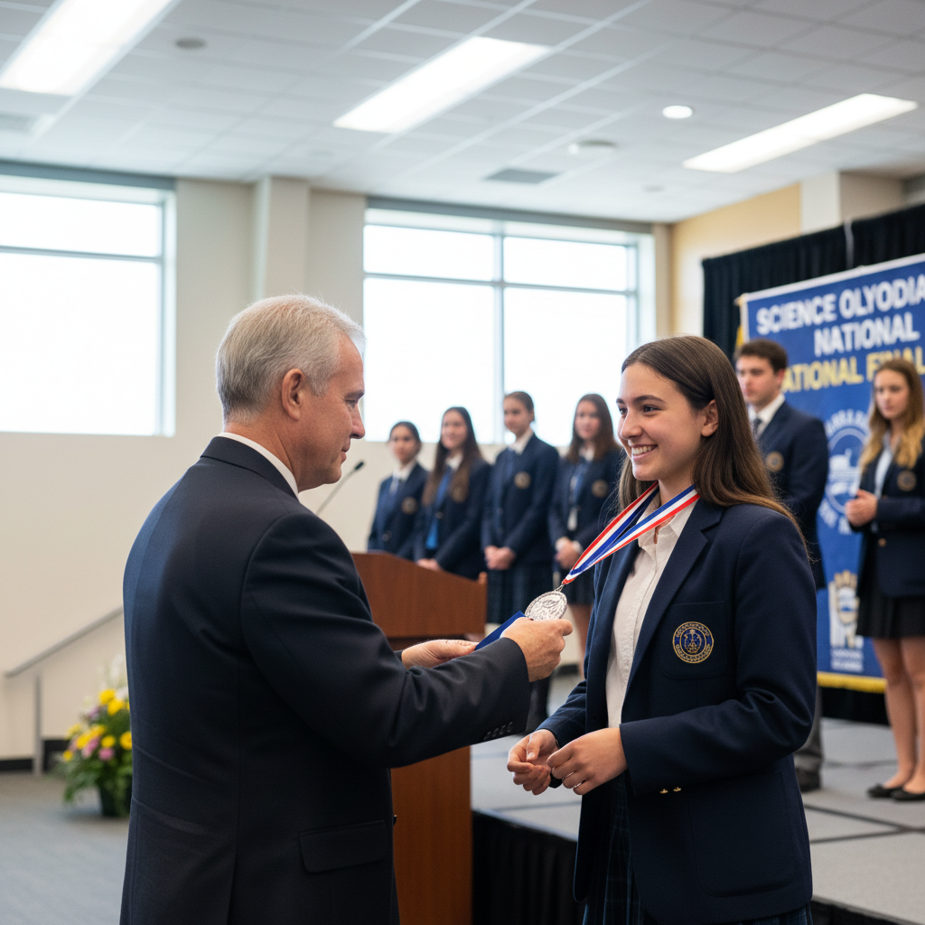Female student with silver medal and science project display
