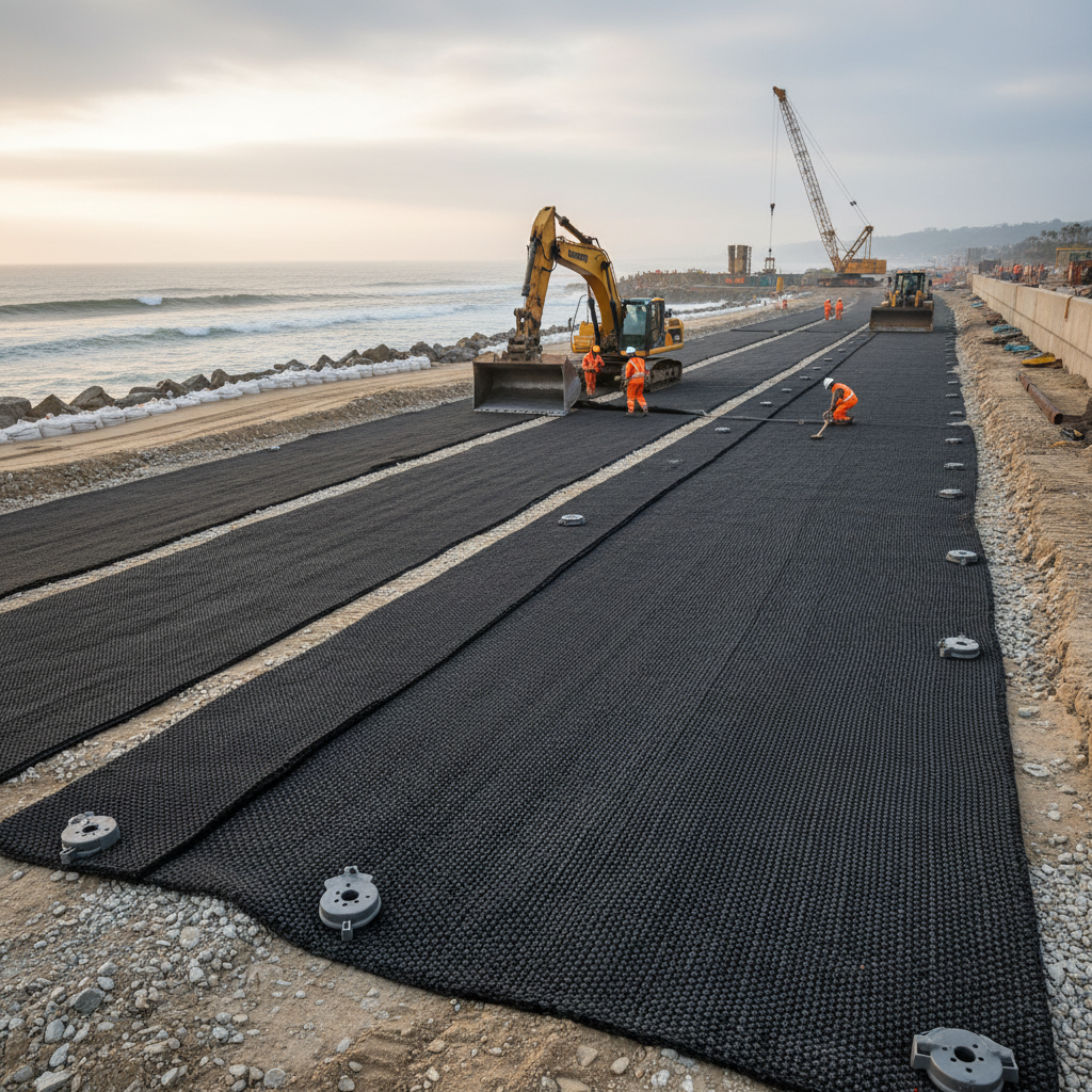 Geotextile membrane being rolled out over compacted subgrade before aggregate layer installation