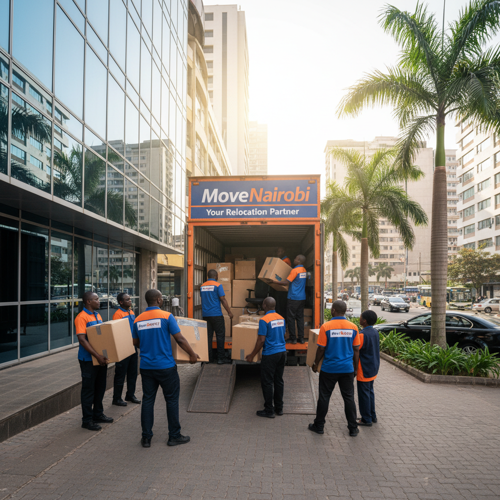 MoveNairobi crew loading branded truck carefully in Upper Hill Nairobi office block