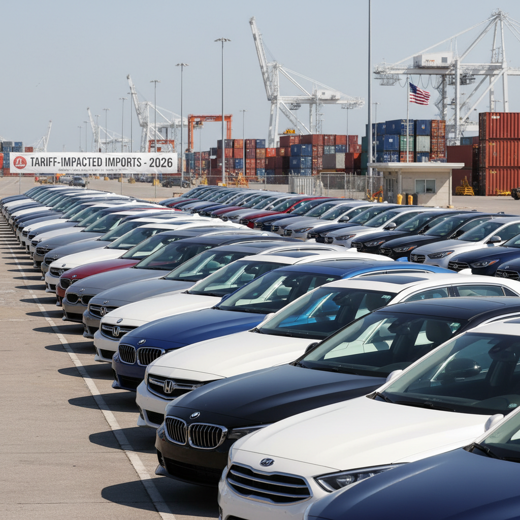Row of Toyota, Honda, BMW and other imported vehicles at a US port of entry, representing tariff-affected car imports in 2026