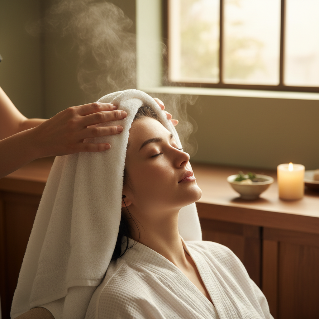 Woman relaxing during spa hair treatment with towel wrap, warm ambient interior
