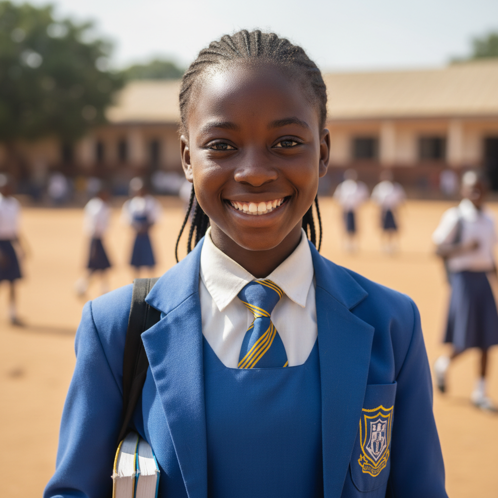 Young Nigerian girl Amara smiling confidently in school uniform, representing JJHF Girl Child Rights program success