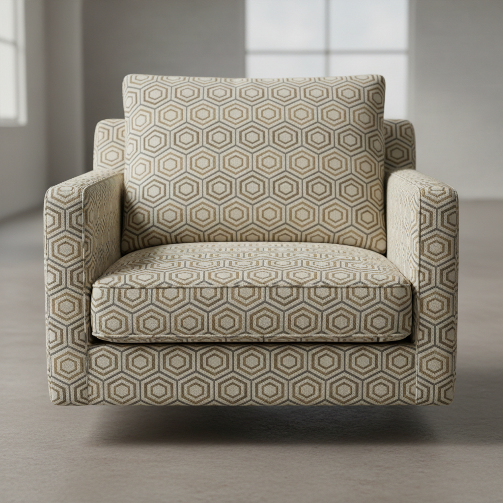 Upholstered chair showing perfectly matched fabric pattern across cushion seams