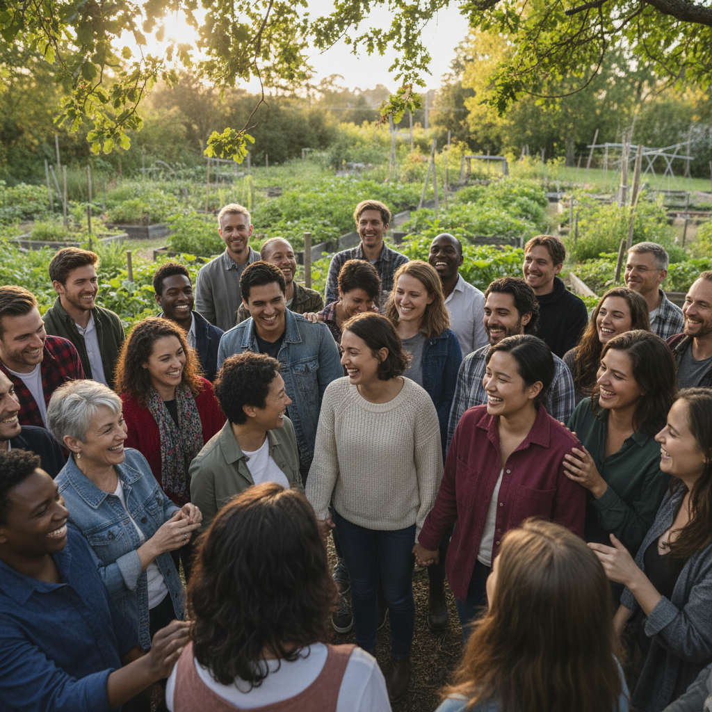 Diverse group of community members gathered outdoors in warm sunlight, smiling and connecting, supportive atmosphere