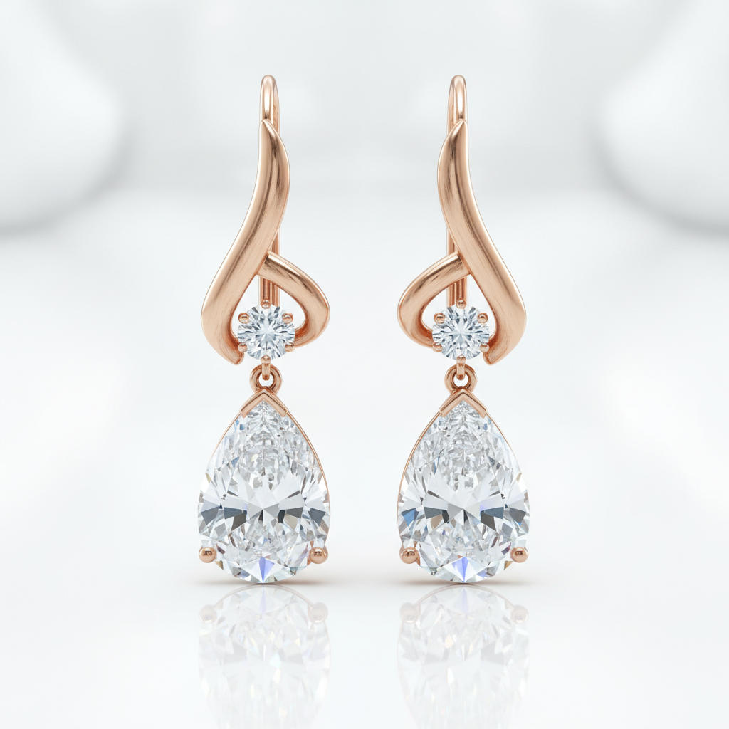 Custom diamond drop earrings in rose gold with pear shaped diamonds — DETARA bespoke