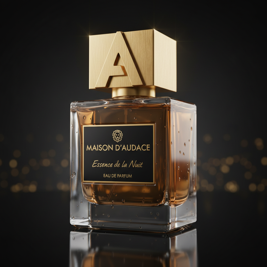 Dark glass perfume bottle on black velvet surface with dramatic side lighting, deep shadows, moody luxury atmosphere
