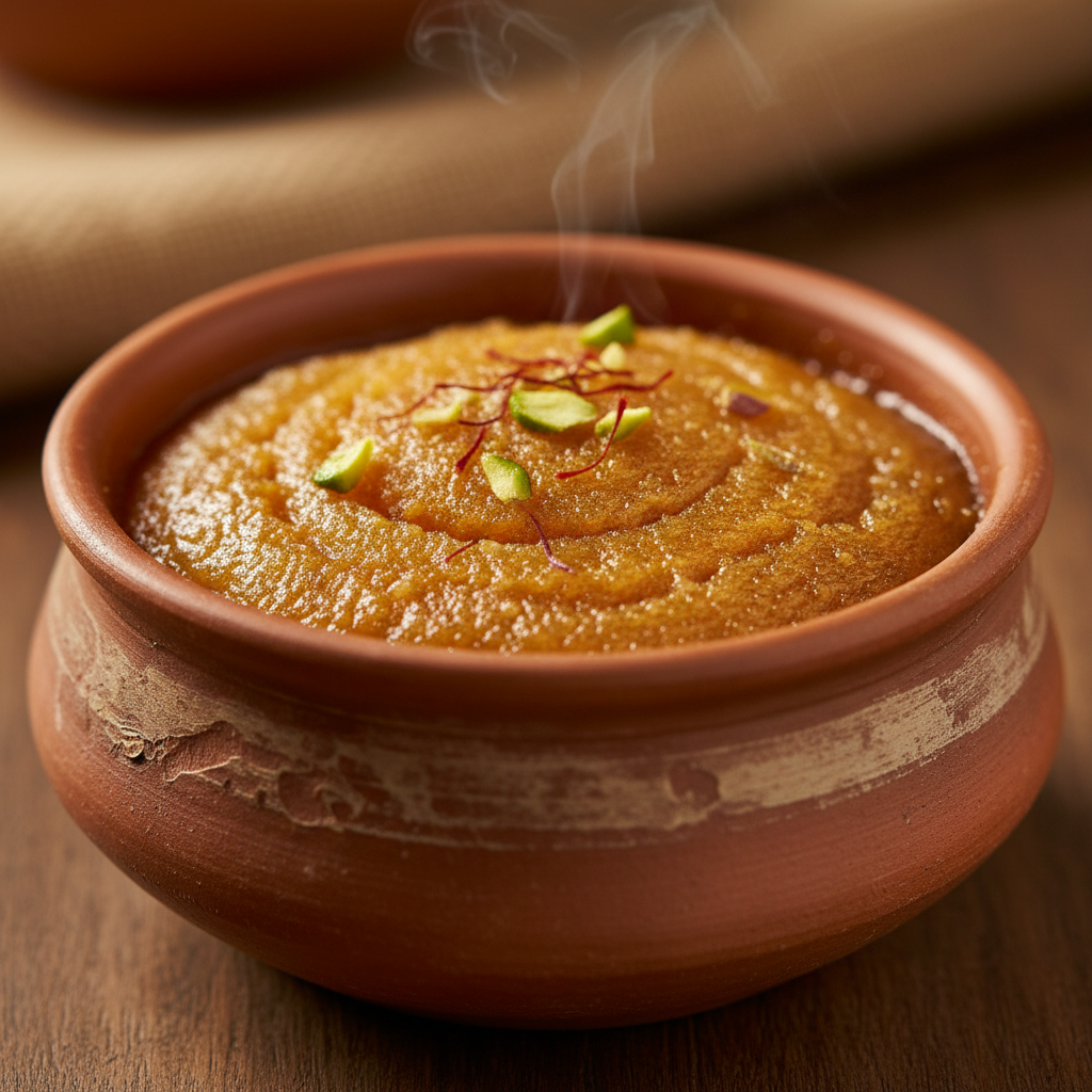 Creamy saffron-yellow Shrikhand in a clay bowl garnished with saffron strands and pistachios