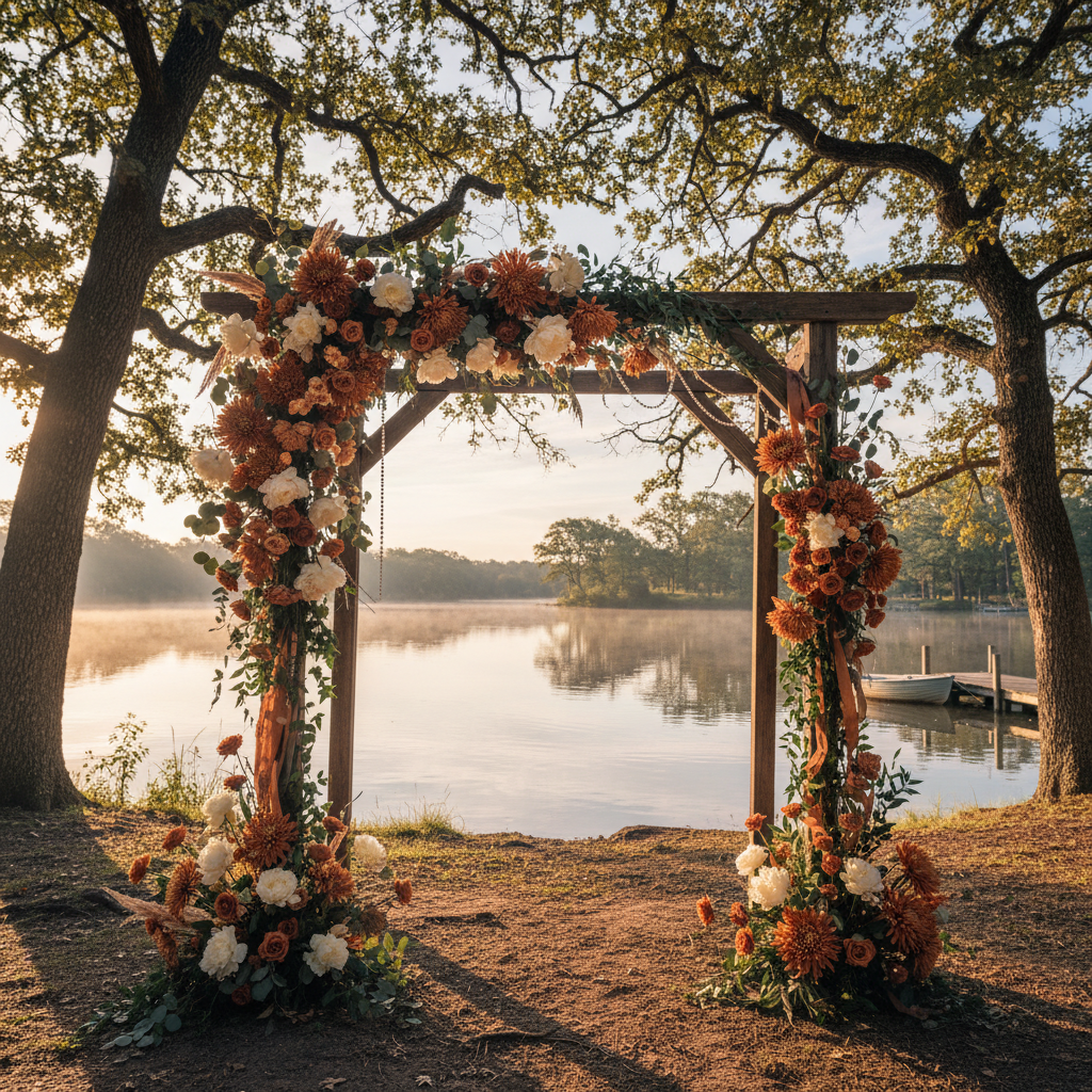 Ceremony arch wrapped in copper and ivory flowers at the edge of a lake with soft afternoon light filtering through oak trees