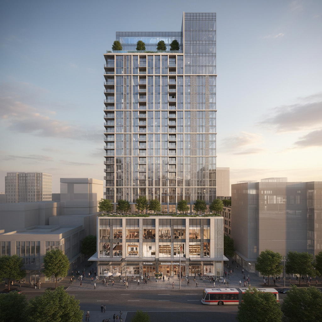 Urban mixed-use tower with residential floors above street-level retail