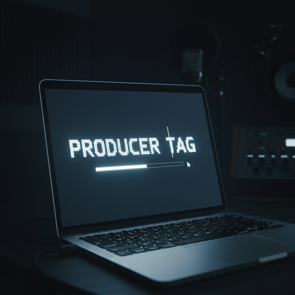 Producer tag loading on a laptop screen in a dark studio