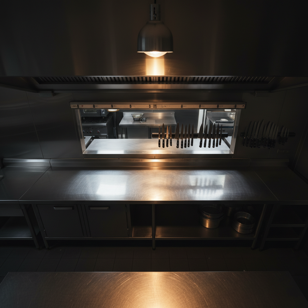 Overhead view of a restaurant kitchen after close — stainless steel surfaces reflecting a single warm pendant light, empty ticket rail, knives laid parallel on a magnetic strip