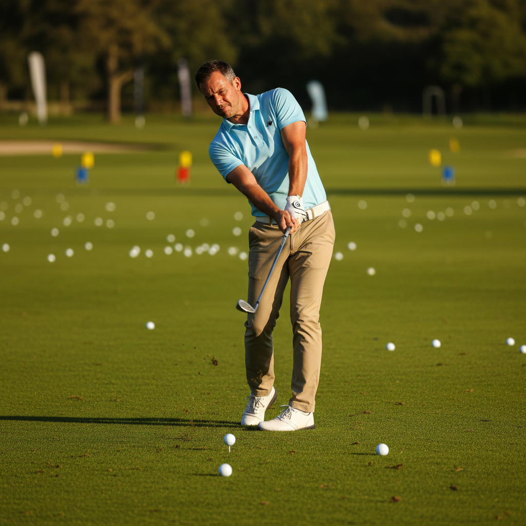 Golf pro demonstrating swing mechanics on the driving range