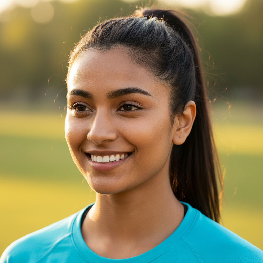 South Asian woman with dark hair smiling confidently
