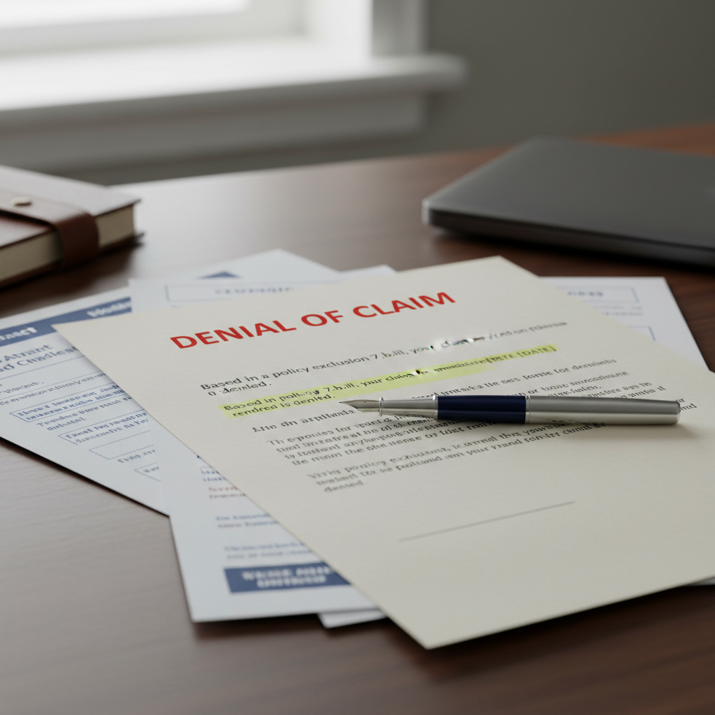 Insurance denial letter with legal documents and pen
