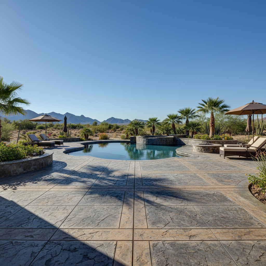 Elegant stamped concrete patio with ashlar slate pattern surrounding outdoor pool area in desert landscape