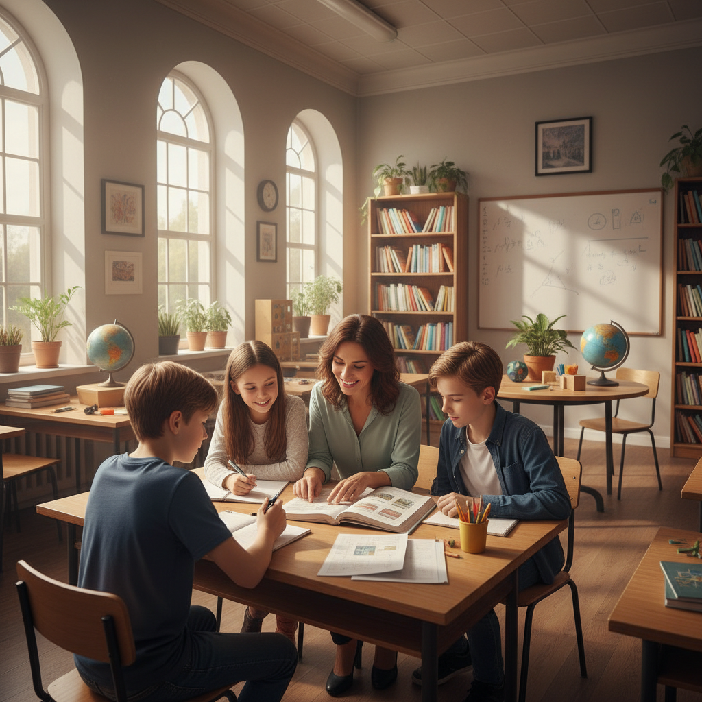 Teacher guiding young students in a warm educational environment