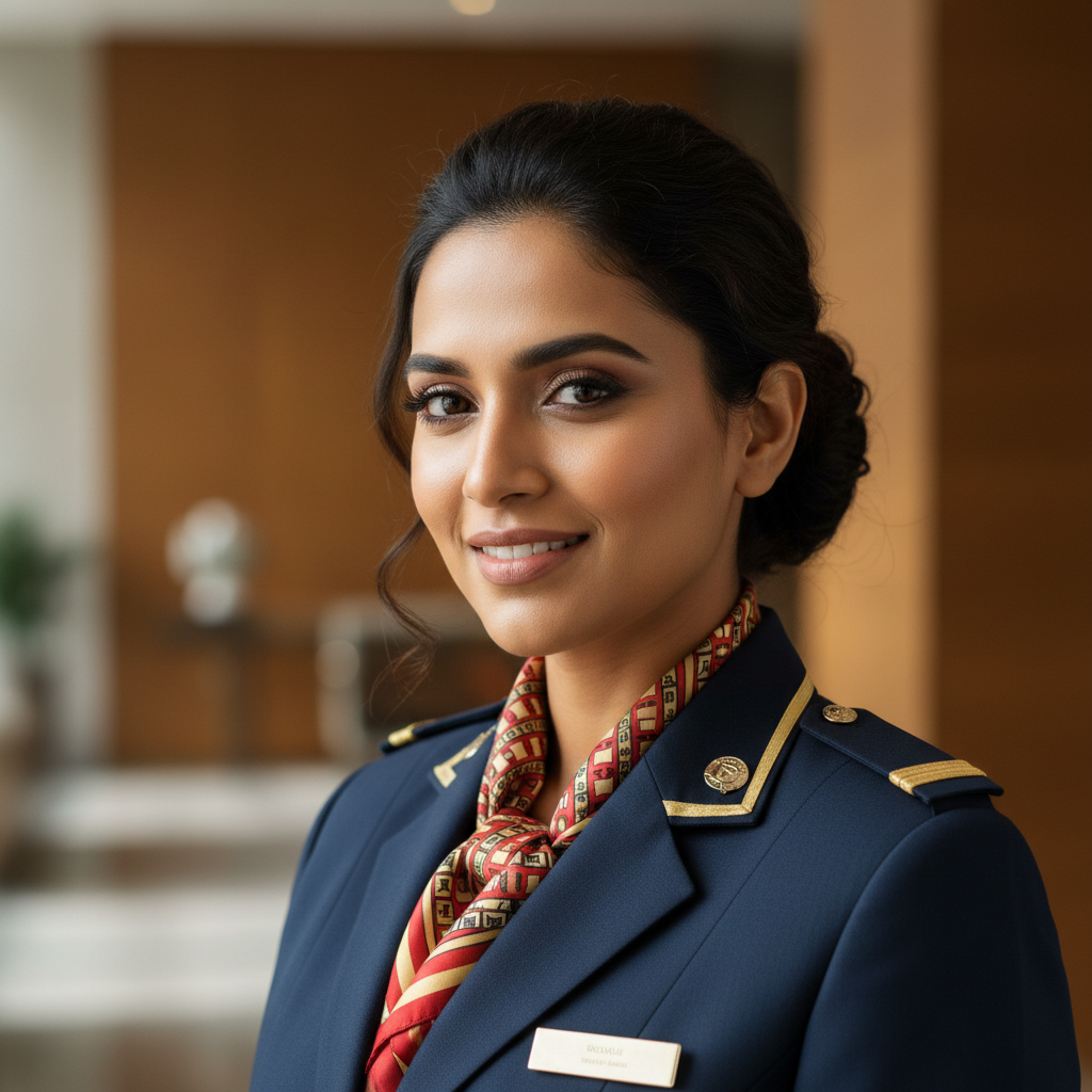 Indian woman professional maid in uniform smiling confidently