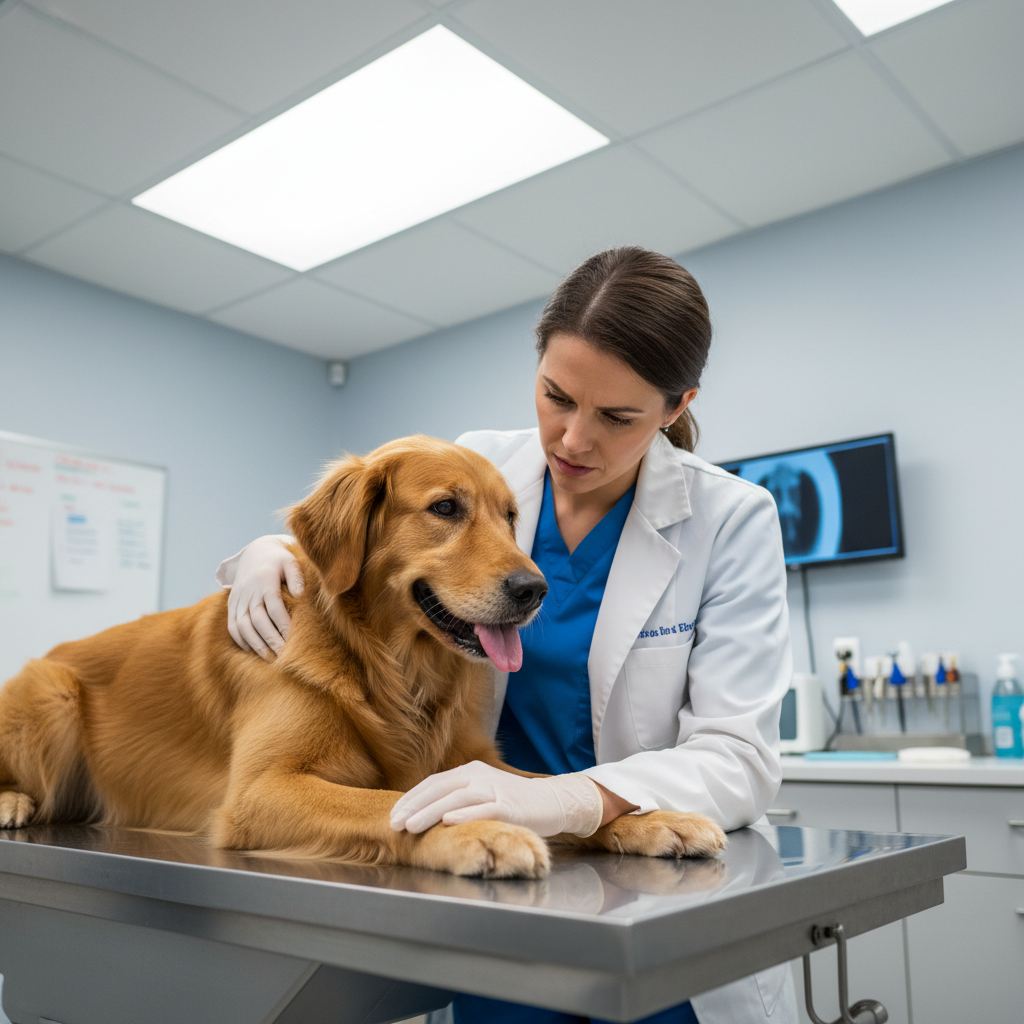 Veterinary doctor performing a thorough examination on a calm golden retriever in a well-lit clinic, professional and compassionate setting