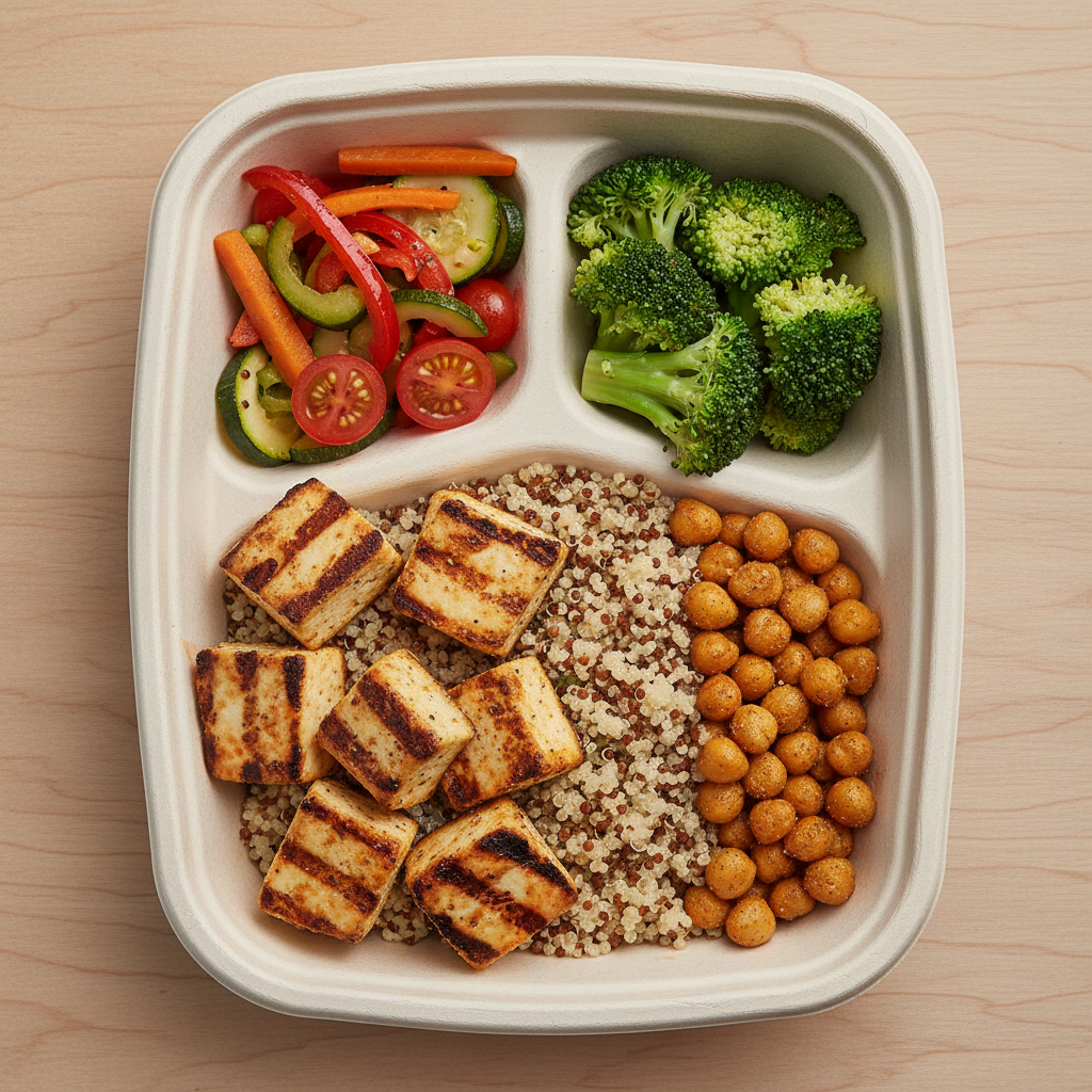 Balanced meal box with grilled paneer, quinoa, chickpeas, broccoli, and mixed vegetables in eco container