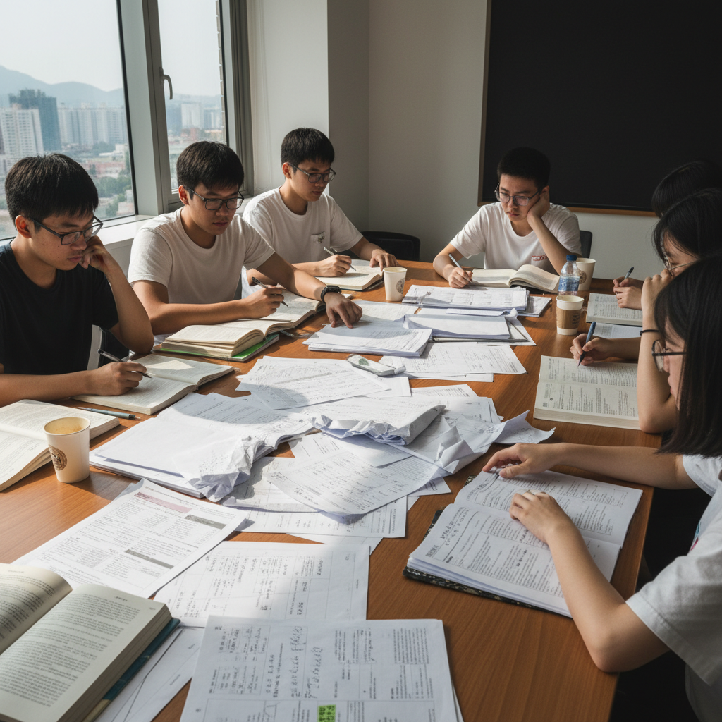 Students reviewing DSE past papers spread across a desk