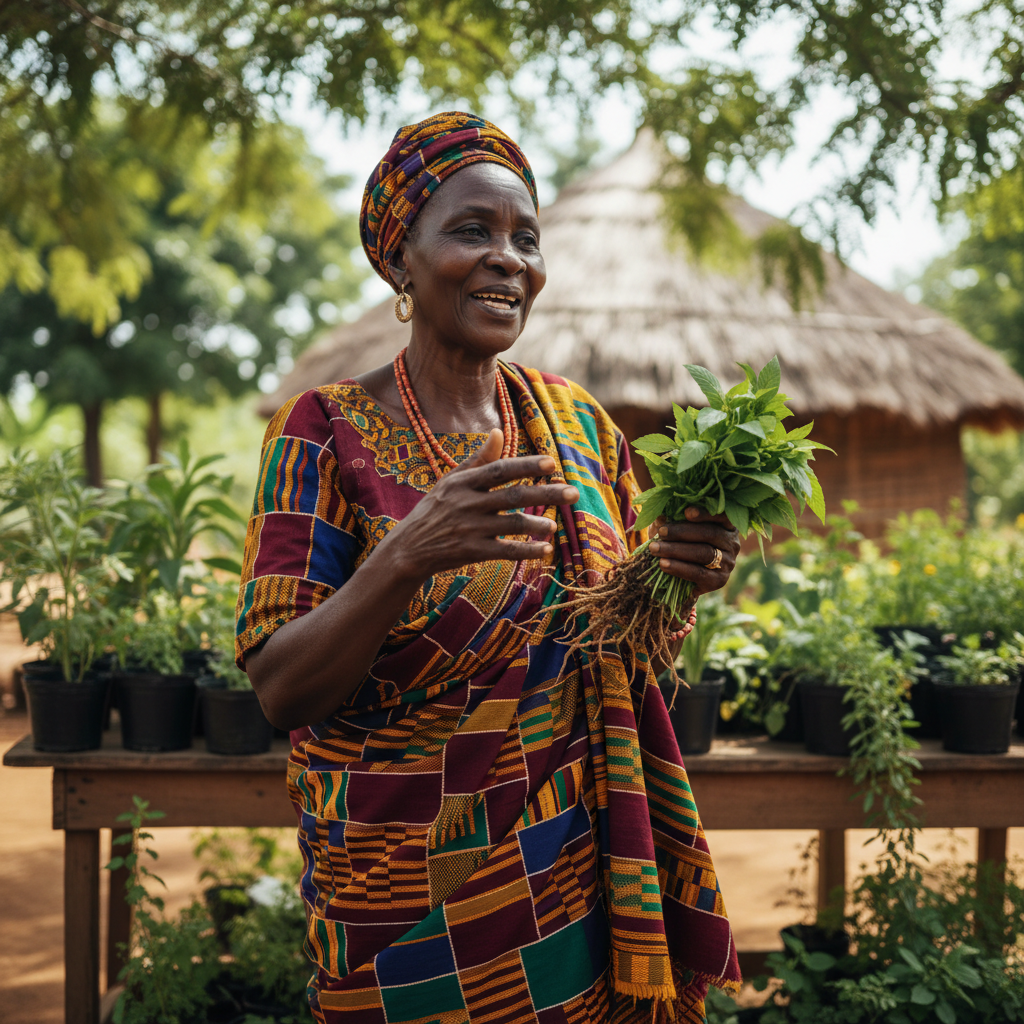 Ghanaian woman smiling warmly in outdoor setting