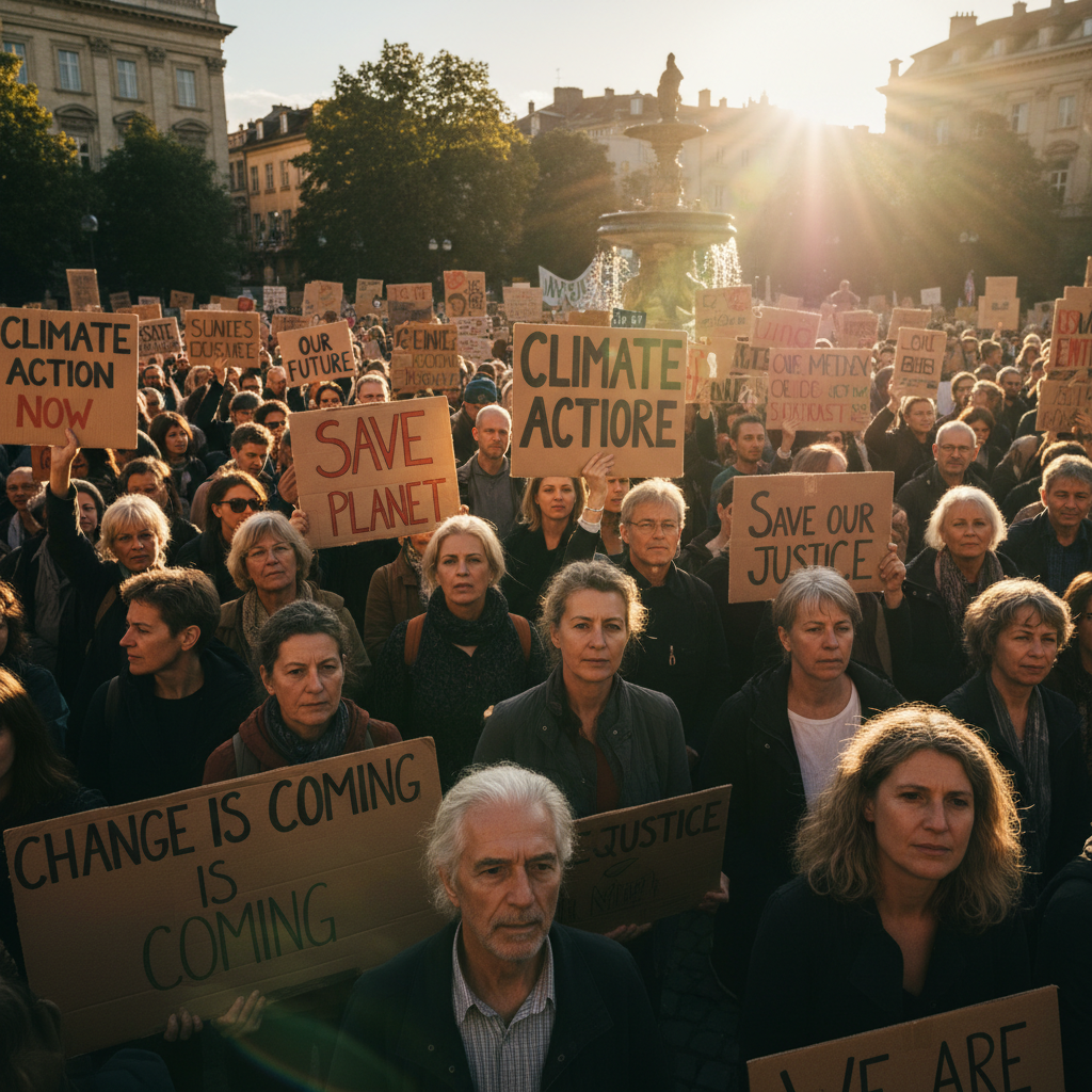 Protesters holding handwritten signs at a civil rights demonstration, faces determined, late afternoon light