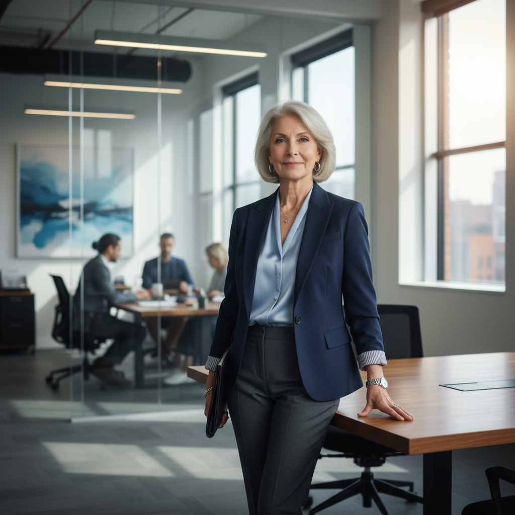 Confident senior finance professional in formal business attire, London office background, bright professional setting